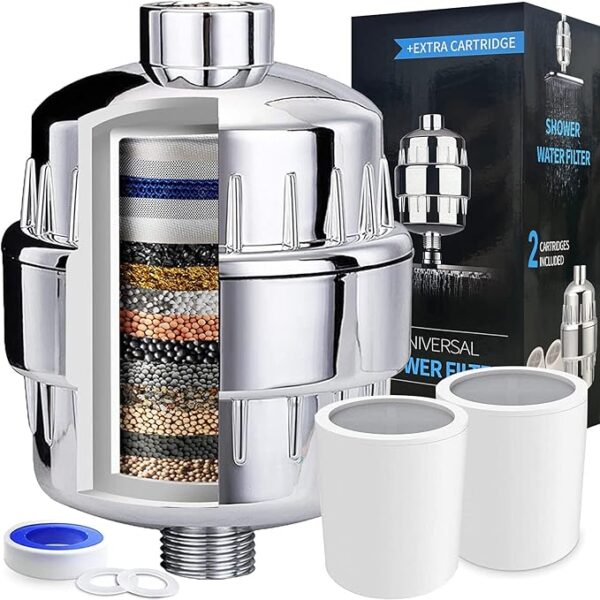 لتر دش 25 مرحلة فائق الأداء للمياه العسرة، مع شمعتين فلتر إضافيتين لإزالة الكلور والفلورايد - بطلاء كروم لامع لتر دش 25 مرحلة فائق الأداء للمياه العسرة، مع شمعتين فلتر إضافيتين لإزالة الكلور والفلورايد - بطلاء كروم لامع