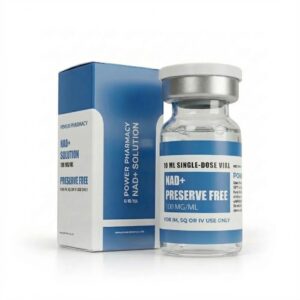 Vial of NAD+ Preserve Free solution next to its blue and white box, labeled 10 mL single-dose vial, for medical use
